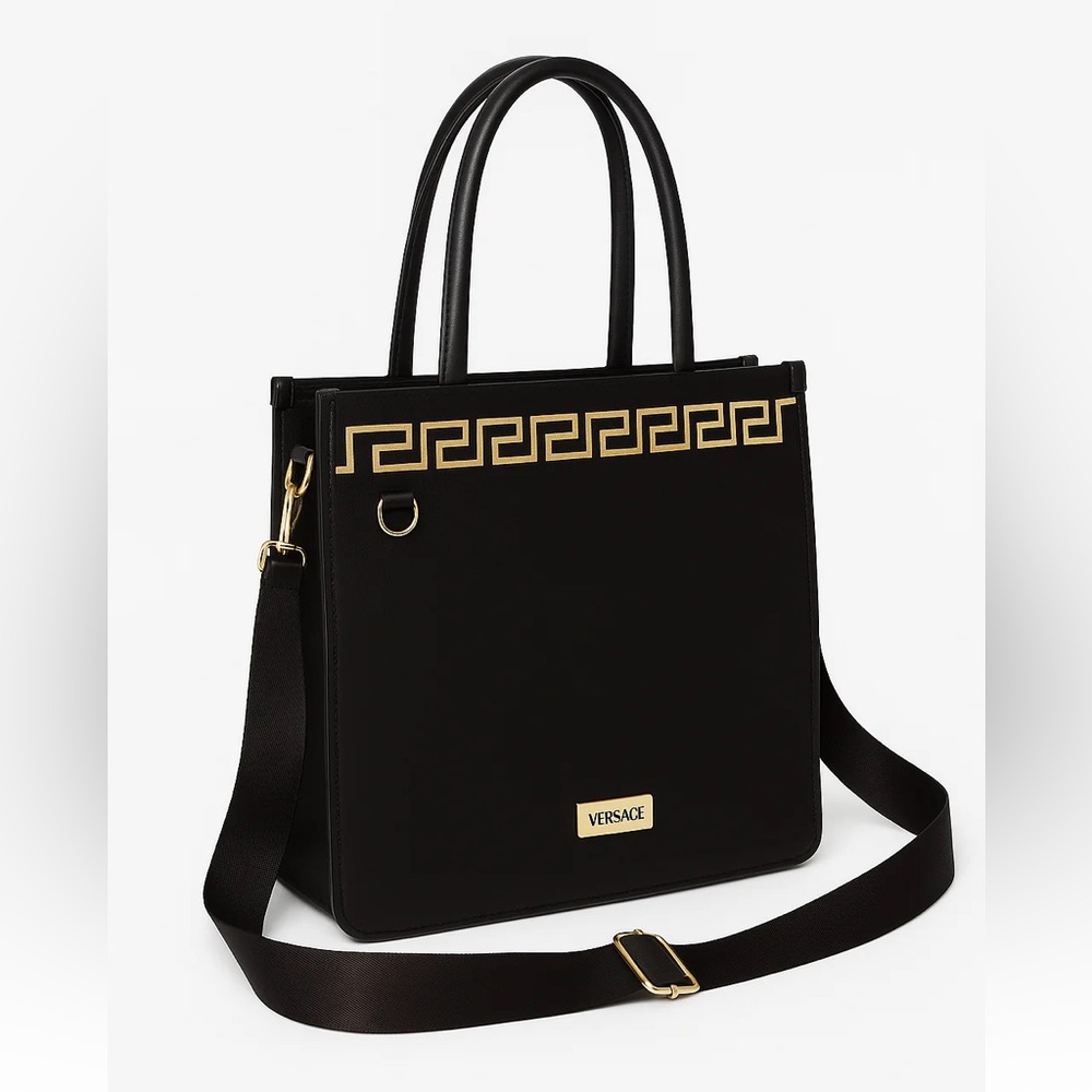 Versace Black Leather Tote with Gold Greek Key Trim